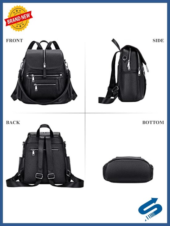 Genuine Leather Fashion Backpack with Multi Pockets and Flap, Shoulder Strap, main image 5